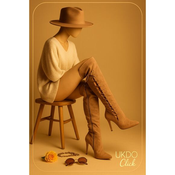 Vintage Camel Suede High Heel Over the Knee Boots Lace Up Back Side Zip 9 - Picture 2 of 11